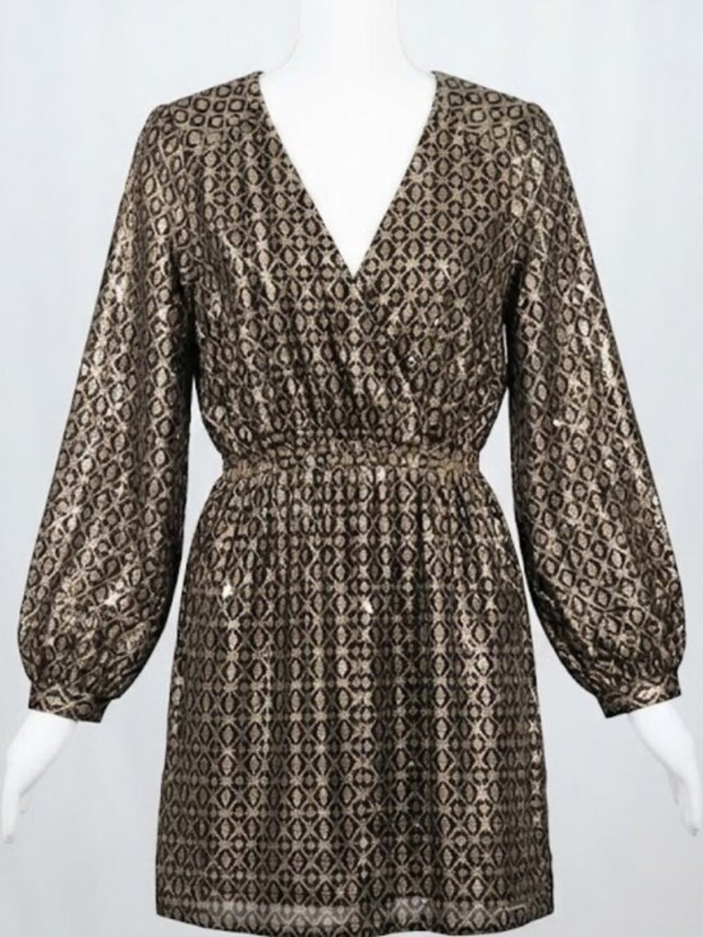 Akira Black Label Gold Silver Sequin Diamond Wrap Mini Dress L NYE Party